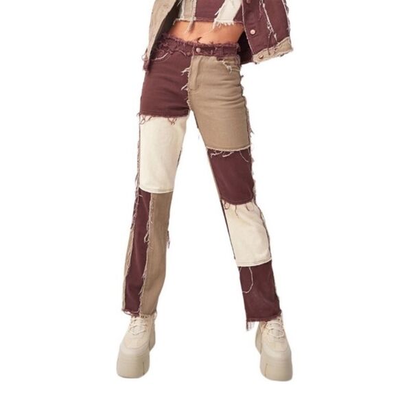 NWT High-Waist Jeans Straight Denim PantsPatchwork Pants Stitching - Picture 2 of 7